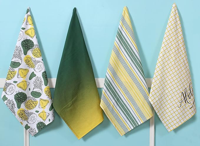 ACCENTHOME Kitchen Towels Set of 4 Super Absorbent Durable Towels Perfect for Kitchen Mess & Drying Dishes 50x70 cm Stripe & Check Pattern Pineapple Slices Print
