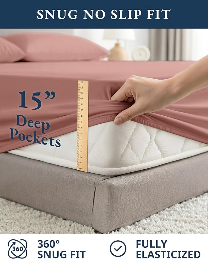 LANE LINEN 100% Organic Cotton Twin Sheet Set, Soft & Comfy Premium Bedding Sheets & Pillowcases, Luxury Hotel Like Percale Sheets, Reinforsed French Seam in Fitted Sheets Pocket - Rose Dawn