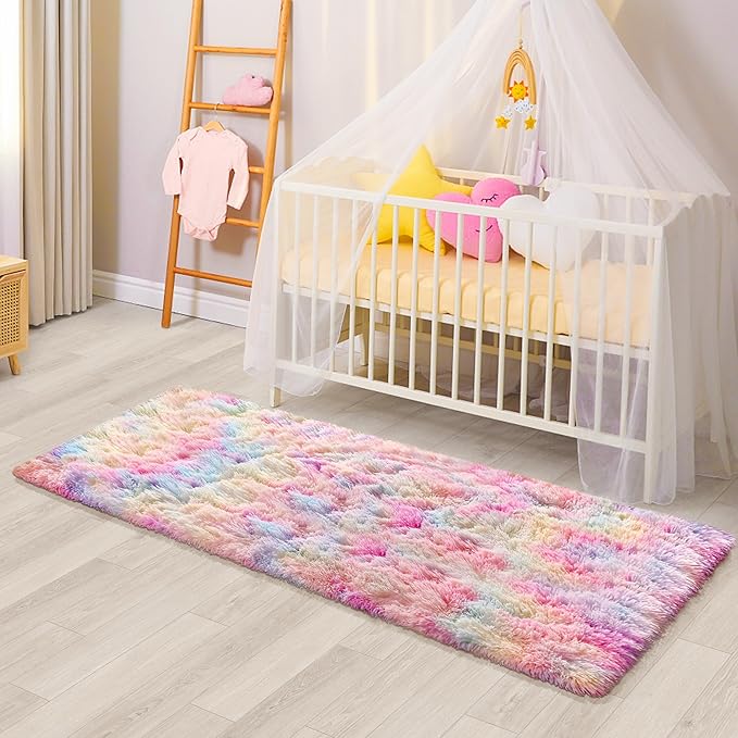 2x6 Ft Rainbow Rug for Girls Bedroom Colorful Area Rug Unicorn Rugs for Girls Bedroom Kawaii Room Decor Runner Rugs for Living Room Plush Fluffy Rug Non Slip Fuzzy Rugs for Kids Room