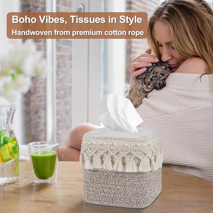 Square Boho Tissue Box Cover: Hand-Woven Tassel Holder for Bathroom, Table & Kitchen – Open-Bottom Design Decorative Cover for Home, Office & Farmhouse Decor (1, Tassel Ivory/Taupe, One Size)