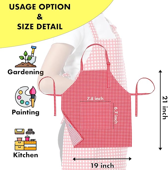Kids Aprons for Cooking Waterdrop Resistant Aprons for Girl & Boy Toddler Apron for Painting, Gardening, Baking, Smock (Plaid Red, Medium (6-10 years)