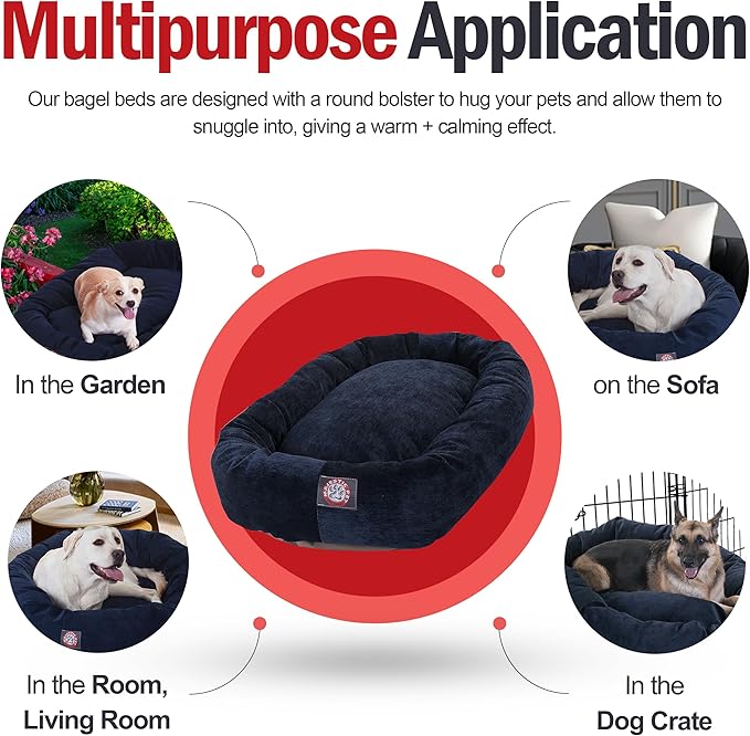 Majestic Pet 52 Inch Micro Velvet Calming Dog Bed Washable – Cozy Soft Round Dog Bed with Spine for Head Support - Fluffy Donut Puppy Mat 52x35x11 (inch) X- Large – Navy
