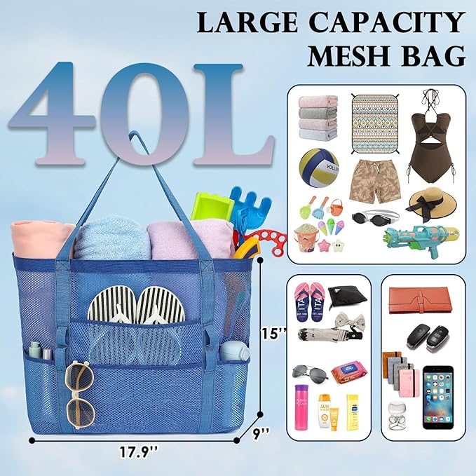 Fammart Mesh Beach Bag, Large Beach Tote with Zipper Pocket for Family Pool Bag for Toys & Vacation Essentials