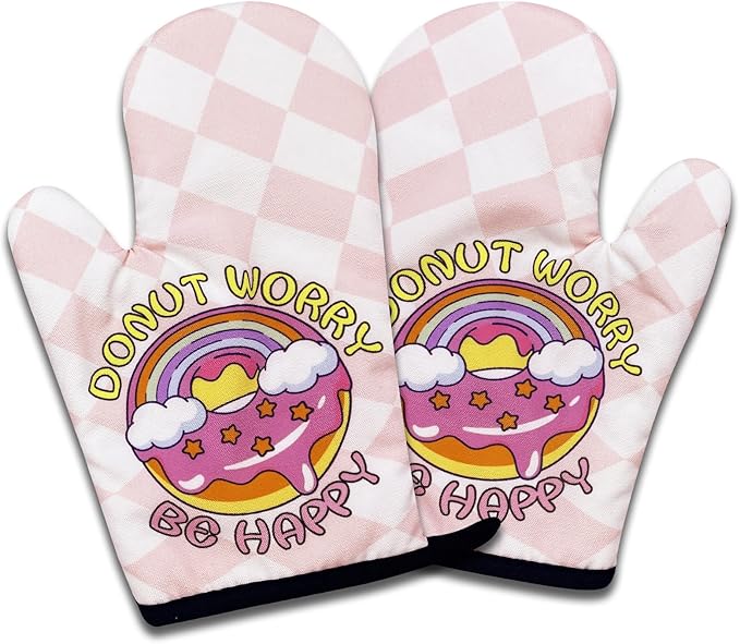 2 Pack Funny Oven Mitts for Women, Donut Worry Be Happy, Heat Resistant Silicone Non-Slip Mitts, Cute Kitchen Gifts for Donut Lovers, Sweet Housewarming Gifts for Hostess Mom Wife Friend