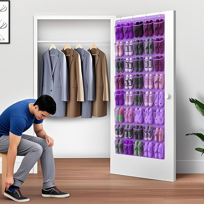 Hualleko 40-Pocket Over the Door Shoe Organizer - Large Mesh Pocket Hanging Shoe Organizer,Behind the Door Shoes Storage Holder Hanger
