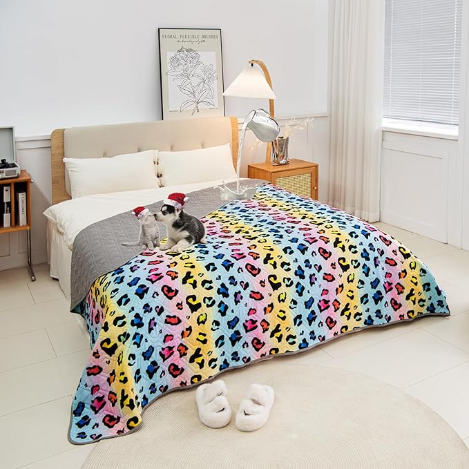 Topthumbs Waterproof Dog Bed Cover 52x82inch Reversible Pad Reusable Camping Mat for Kids/Pet/Dog/Cat Washable Geometric Embroidery Blanket Patchwork Rainbow Leopard Printed+Gray