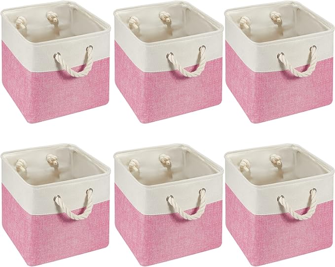 Geiserailie 6 Pcs 11 x 11 Inch Cube Storage Bins Fabric Storage Organizer Bins Foldable Cube Baskets with Sturdy Carry Handles Wicker Baskets for Home (Pink and White)