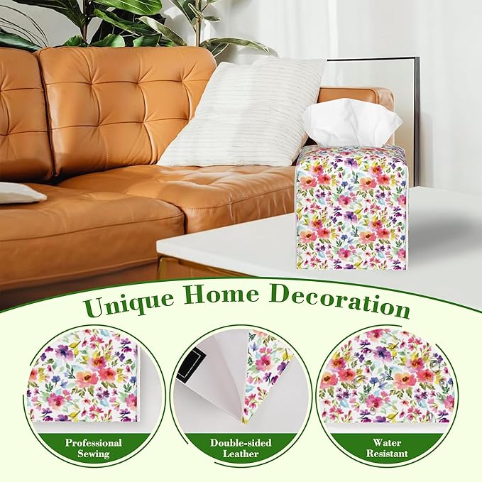 Colorful Flowers Floral Tissue Box Cover Square Leather Tissue Holder Waterproof Facial Paper Organizer Dispenser Cube Paper Cover Case for Home Office Bathroom Vanity Countertop
