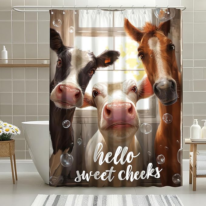 mutakin Cute Animals Shower Curtain Funny Farm Cow Horse Shower Curtains for Bathroom Waterproof Fabric Bath Curtain Decor with Hooks