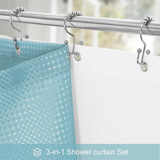 Craidlela 3 in 1 Extra Long Shower Curtain Set-72 W x 84 H, Teal Blue Waffle and PEVA Liner Set with 12 Stainless Steel Hooks, Waterproof Fabric for Bathroom
