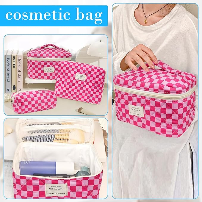 Cozomga Quilted Makeup Bag, Large Capacity Travel Cosmetic Bag for Women and Girls, Aesthetic Storage for Daily and Travel Use (3pcs-PinkChecker)