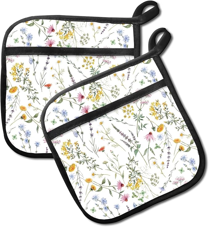 2 Pack Pot Holders for Kitchen Clearance, Cute Hot Pads, Funny Oven Pot Holders, Potholders Sets for Kitchen Heat Resistant Beautiful Flowers