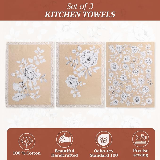 Maison d' Hermine Kitchen Towels Set of 3 100% Cotton 20" x 27.5" Reusable Cloth Tea Dish Towels Absorbent with Hanging Loop for Kitchen Dining Thanksgiving Christmas Decorations (Pretty Autumn)