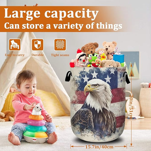 American Flag Eagle Laundry Basket with Sturdy Handles, Memorial Day Patriotic Collapsible Oxford Cloth Laundry Hamper Organizer Basket for Bathroom Bedroom 15.7x20 Inch