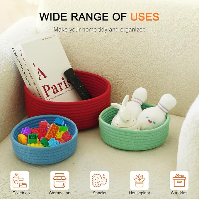 Small Storage Baskets for Shelves, 6 Pack Round Cotton Rope Basket for Organizing, Cute Colorful Decorative Woven Bins for Bedroom, Home Countertop Decor (Rainbow)