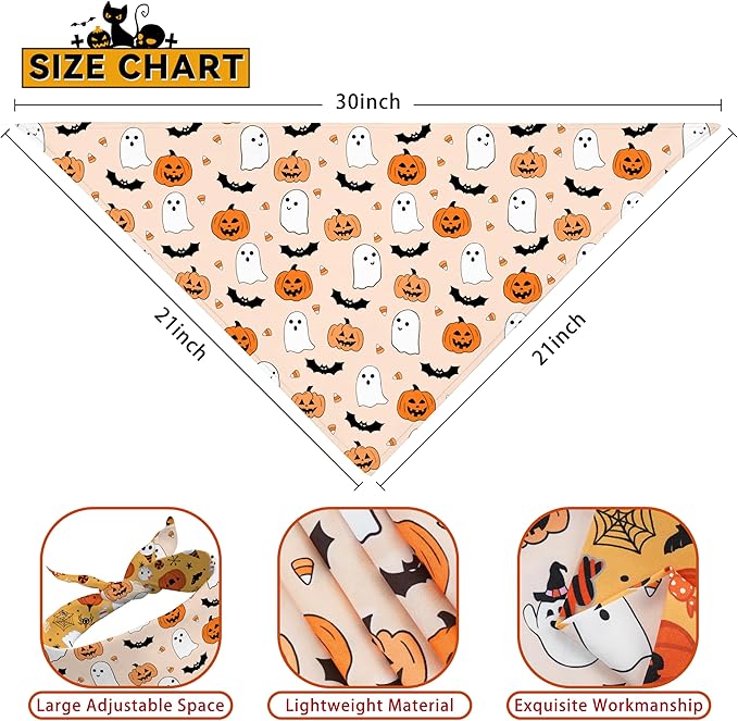 Halloween Dog Bandanas Reversible 2 Pack, Cute Pumpkin Ghost Bat Halloween Pet Bandanas for Dogs Set Adjustable Triangle Holiday Scarves for Medium Large Extra Large Boy Girl Dogs