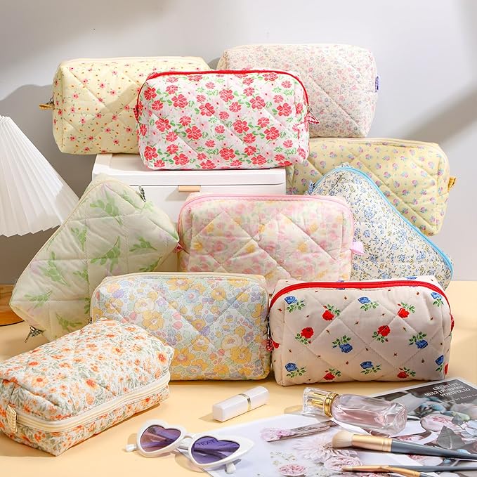 Paterr 10 Pcs Quilted Makeup Bag Bulk Cotton Floral Cosmetic Bag Women Girls Bridesmaid Gifts Cute Makeup Pouch Coquette Aesthetic Travel Toiletry Organizer(Classic Style,7.87 x 4.72 x 3.15 Inches)