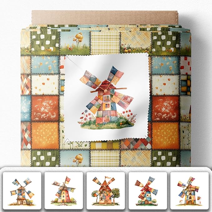 Patchwork Fabric Panel with Windmill Designs – 100% Cotton Satin, 6 Printed Panels 9.8”×9.8” + Patchwork Sheet 29.5”×19.7”, Single Continuous Cloth for Quilting & Sewing