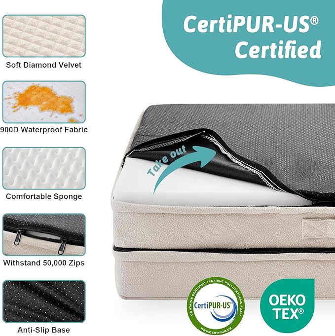 COZY KISS Orthopedic Dog Bed for Medium Small Size Dog, Dogs Crate Bed, L Shaped Foam Anti-Slip Bottom Pet Cat Sofa with Washable Removable Cover, Suitable for Pet Up to 40 lbs, 30x20x6.5 inch, Beige