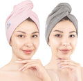 American Soft Linen 100% Cotton Head Towel Cap, Women's Anti Frizz Hair Wrap, Absorbent Cotton Towels 2 Pack, Light Grey-Pink