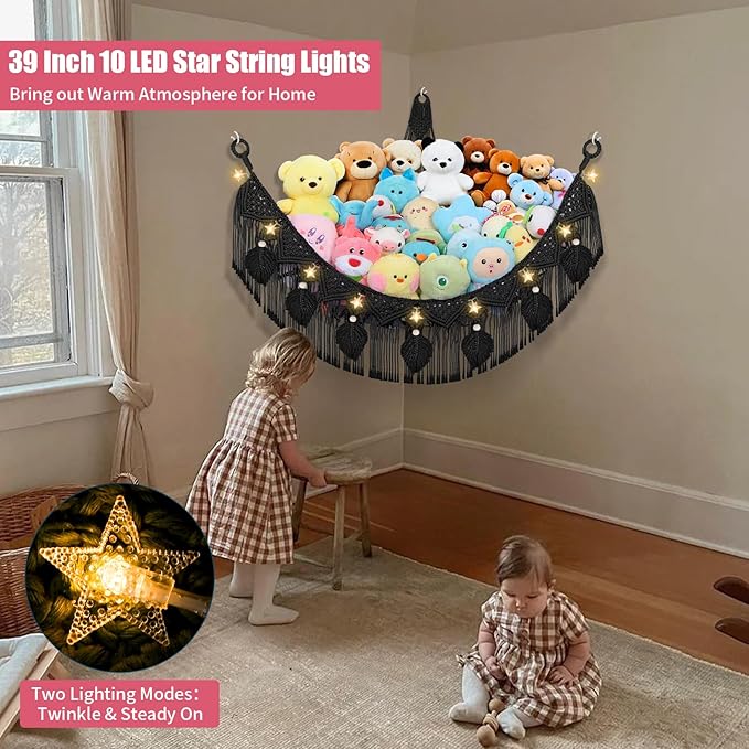 Stuffed Animal Storage Hammock Corner, 56'' Jumbo Boho Macrame Leaf Hanging Stuff Animal Holder for Teddy Plushie, Black Stuffed Animal Net Toy Storage w/Star Lights for Baby Girl Boy Gift