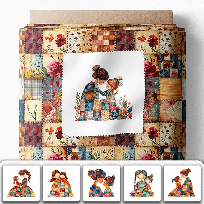 Patchwork Mother & Daughter Cotton Fabric Panel – 6 Designs (10×10 inch Each) + Bonus Sheet 29.5×19.6 inch, 100% Cotton 140 GSM, Made in Türkiye