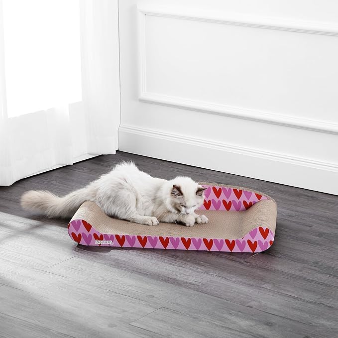 The LICKER Store CSR1004A Montego 27.5" Coastal Patterned Cardboard Lounge Bed Cat Scratcher with Catnip, Pink/Red