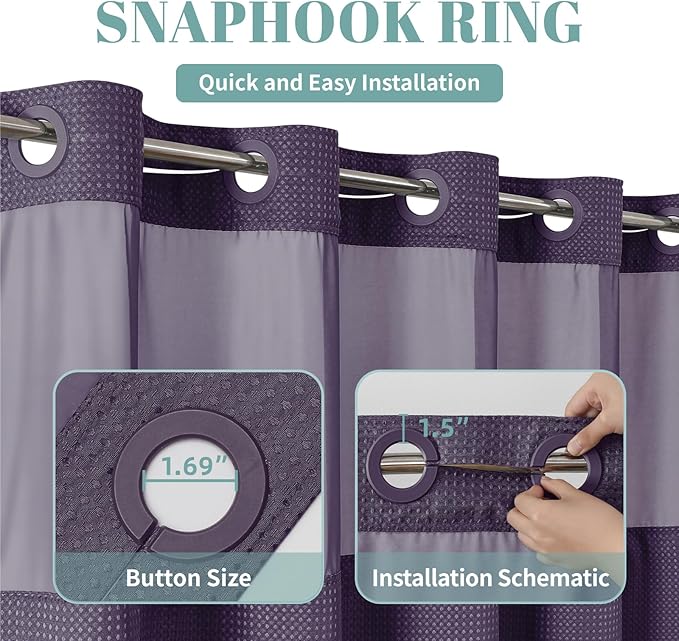eachope Purple No Hook Waffle Weave Shower Curtain with snap-in Liner Replacement, 230GSM Waterproof Fabric Hotel Shower Curtain Set for Bathroom, Through Mesh Top Window,54Wx80H