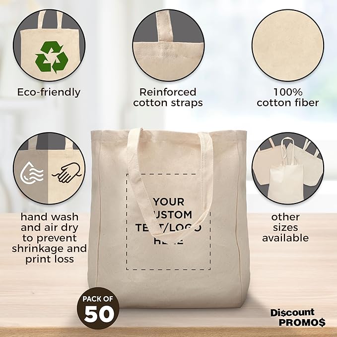 DISCOUNT PROMOS Custom Cotton Canvas Tote Bags (Set of 50) - Personalized, Reusable & Eco-Friendly - Perfect for Grocery, Promotions, Branding - Natural Color, 14.25"X15.5"X5", 10 OZ Cotton
