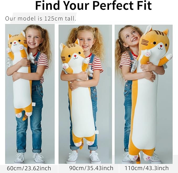 Long Cat Plush Pillow, Cute Cat Stuffed Animal Body Pillow with Wings, Soft Kawaii Kitty Hugging Pillow, Christmas Valentine's Birthday Gift for Kids Girls Boys (Yellow, 110cm/43.31in)