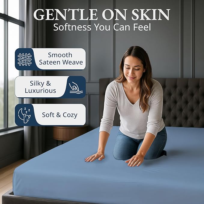 Lane Linen 100% Egyptian Cotton Full Size Fitted Sheet Only (55"x76" + 16") - Elegant Sateen Weave, Ultra Soft, Breathable, Highly Durable, Deep Pockets Upto 17" - French Blue