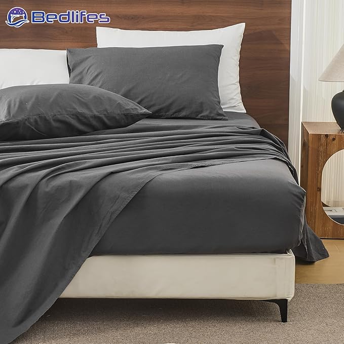 Bedlifes 100% French Pure Linen Sheets King Size Breathable and Cooling Flax Sheet Set Soft Durable and Moisture Wicking 16 Inch Deep Pocket-4 Piece(King,Dark Grey)