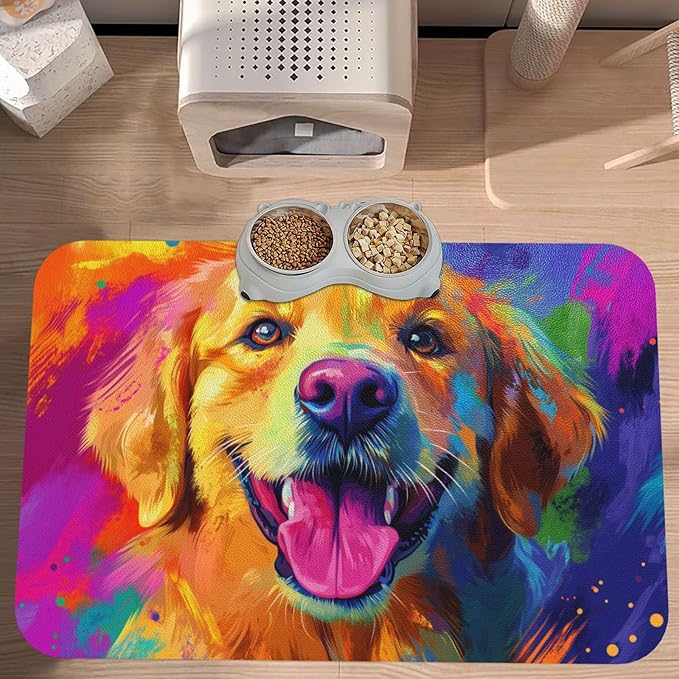 Golden Retriever Dog Food Mat for Floors Waterproof,Quick Dry Anti-Slip Dog Bowl Mats for Food and Water,Pet Feeding Mats,Pet Placemat for Messy Drinkers to Protect Floors,Pets Supplies 17.72×11.81in