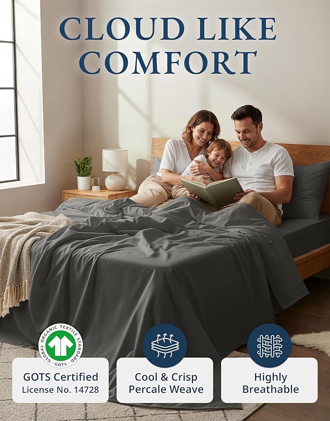 LANE LINEN 100% Organic Cotton Sheets King Size Machine Washable Fully Elasticized Soft & Comfy Mercerized Sustainably Produced All Season Eco Friendly Cotton Sheets sábanas King- Charcoal