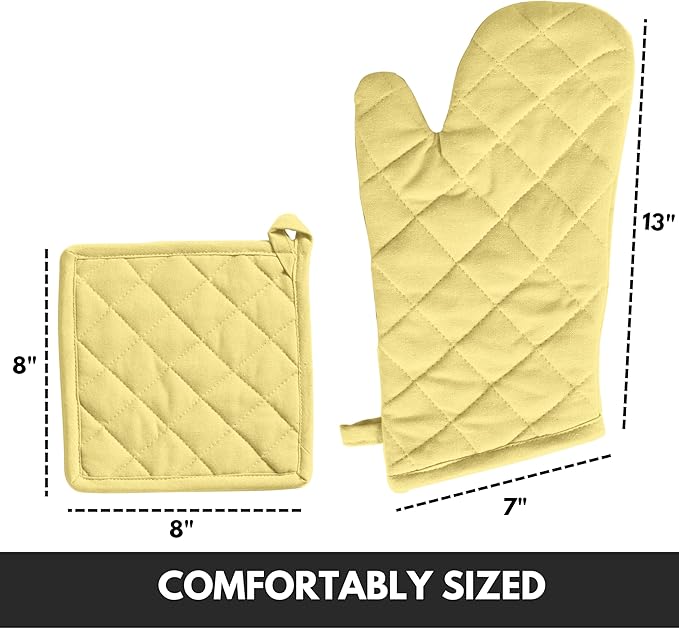 Oven Mitt (7"x13") & Pot Holder (8"x8") 100% Cotton Set of Heat Resistant Oven Gloves & Hot Pads for Gifts, BBQ, Cooking, Baking, Thanksgiving - Pale Yellow