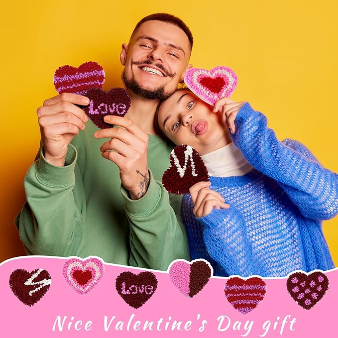 Yaomiao 6 Pcs Valentine's Day Punch Needle Coaster Kit Embroidery Kits Punch Needle Set Craft Supplies with Patterns Yarns Tools Adhesive Felt Embroidery Hoop Instruction Holder for DIY