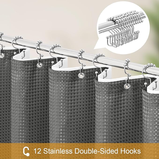 Craidlela 3 in 1 Long Charcoal Grey Shower Curtain Set-72 W x 78 H, Modern Waffle and PEVA Liner Set with 12 Stainless Steel Hooks, Waterproof Fabric for Bathroom