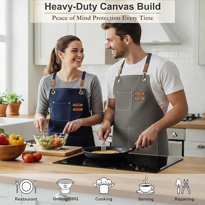 Canvas Work Apron for Men Women with 3 Pockets Heavy Duty Crossback Kitchen Chef Aprons for Cooking Grilling Barista