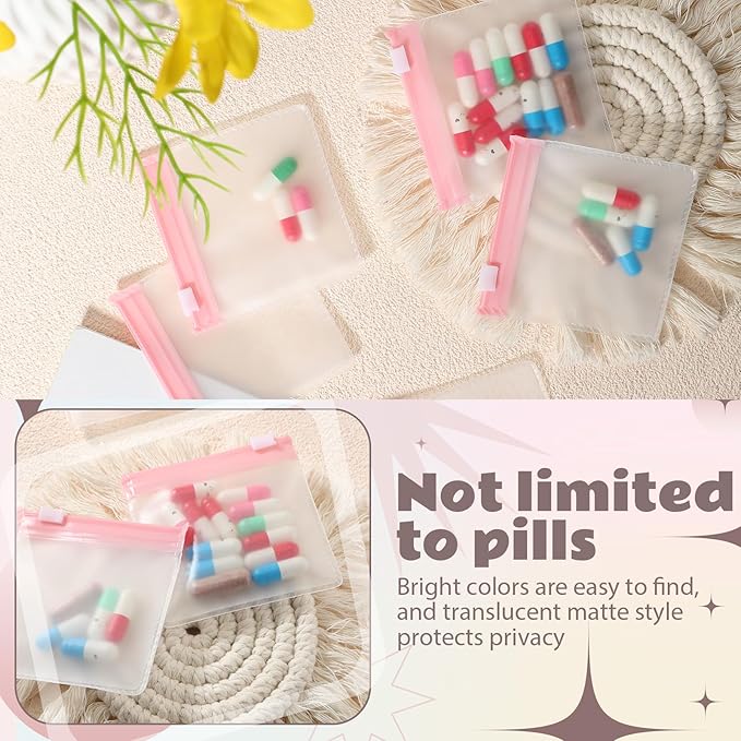 24 Pieces Pill Pouch Bags Zippered Pill Pouch Set Reusable Translucent Medicine Organizer Self Sealing Medicine Bag Travel Plastic Pill Bags with Slide Lock Pill Baggies for Pills (Light Pink)