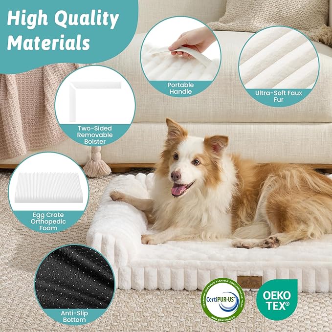 COZY KISS Cute Dog Bed, Faux Rabbit Fur Orthopedic Foam Dog Bed with Sides, Removable Washable Cover & Waterproof Lining, Comfortable Pet Couch for Large Dogs, Cream (44" L x 32" W x 7" Th)