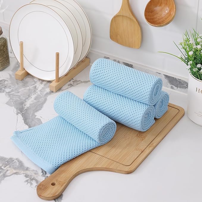 Kitinjoy 100% Cotton Waffle Weave Kitchen Towels (13 X 28 Inches, Sky Blue), 8-Pack Super Soft and Absorbent Dish Towels for Drying Dishes, Kitchen Hand Towels