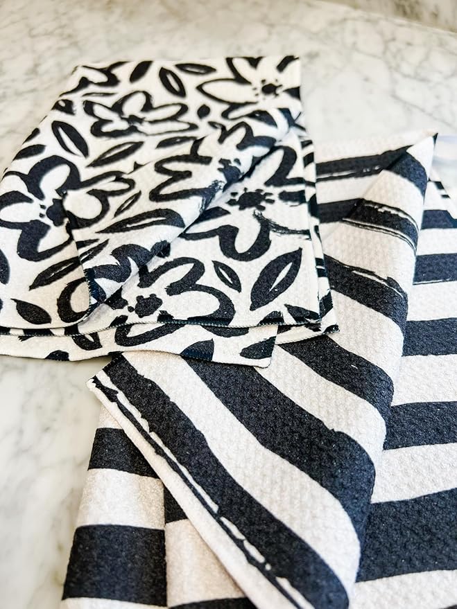 Desert Aqua 2 Pack Double Sided|| Not Your Ordinary Kitchen Towels || Dish Towels || Quick Dry || Waffle Weave Microfiber || Highly Absorbent || Hanging Hook (Black Daisy)