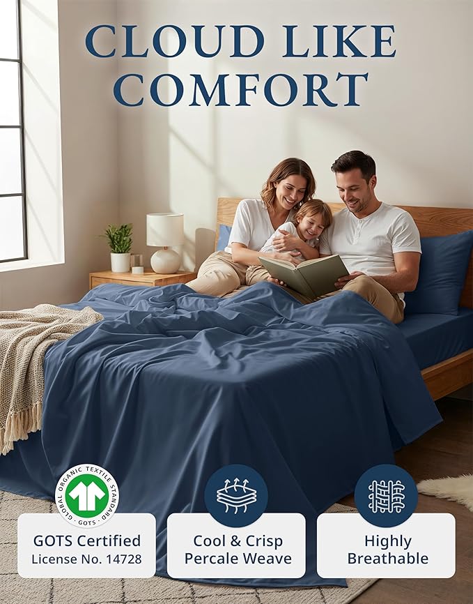 LANE LINEN 100% Organic Cotton Sheets Set, 4Pc Sheet Set Short Queen Size, Classic Percale Weave, Breathable RV Queen Cotton Sheet Set, RV Queen Deep Pocket Sheets, Oeko-Tex Sheets - Estate Blue