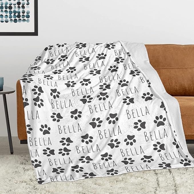 Ecautly Personalized Dog Blanket, Custom Paw Print Dog Blanket with Pets Name, Stuff for Pets, Customized Puppy Blanket with Name, Pets Bereavement/Passing Away Gifts