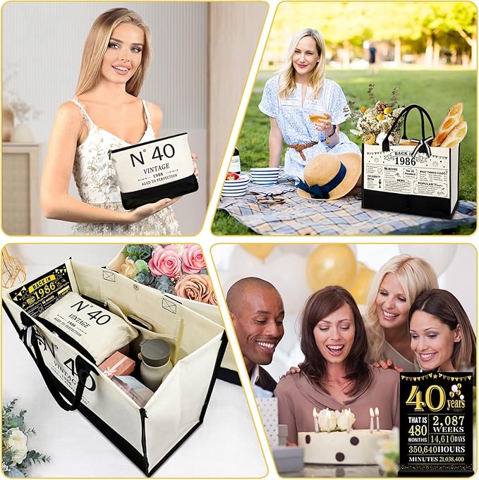 YeohJoy 40th Birthday Gifts for Women Canvas Tote Bag Travel Gear, Unique 40 Years Old Gifts for Wife Mom Sister Aunt Friends Her, Vintage N°40 Handbag & Cosmetic Bag & Back in 1986 Poster