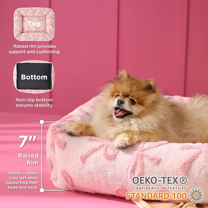 LE SURE Cute Dog Bed for Small Dogs - Washable Puppy Beds,Cozy Rectangle Orthopedic Pet Sofa with Jacquard Shaggy Plush & Anti Slip Bottom,25x21x7inches