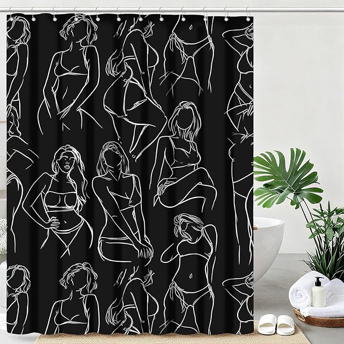 mutakin Black and White Abstract Shower Curtain Women Minimalist Line Art Shower Curtains for Bathroom Waterproof Fabric Bath Curtain Decor with Hooks
