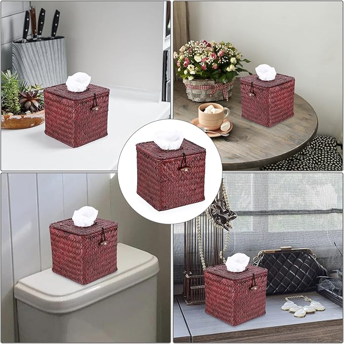 Sumnacon Tissue Box Cover Square Seagrass Tissue Box with Lid, Woven Tissue Box Holder Rustic Cube Tissue Cover for Bathroom Toilet Bedroom Living Room Kitchen Table Desk Office Car, Red Brown