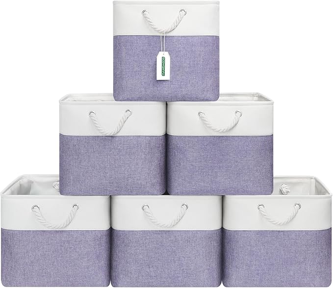 ECDYQXVU 13x13 Inch Cube Storage Bins with Reinforced Bottom Cardboard, 6 Pack Large Foldable Fabric Storage Cubes with Handles for Shelf, Closet, Laundry Organization (White&Purple)