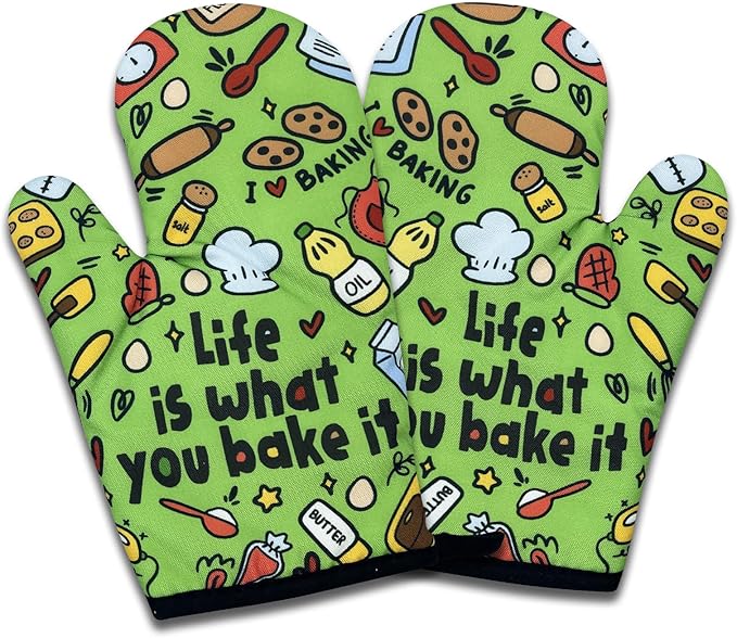 2 Pack Funny Baking Oven Mitts, Life is What You Bake It, Heat Resistant Silicone Non-Slip Mitts, Sweet Housewarming Gifts for Women Bake Lovers, Hostess Gifts for Mom Wife Sister Friend